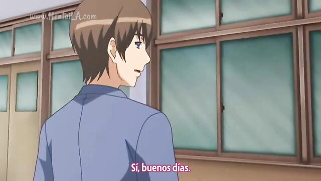 Anime hentai guy in school uniform turning back in classroom, swimsuit hentai