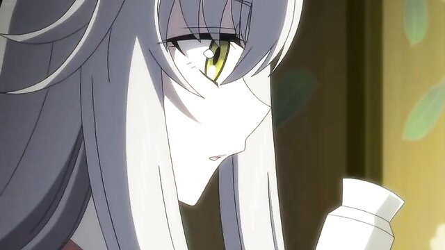 Silver-haired anime girl with heterochromia eyes holds milk bottle in Koi Maguwai hentai