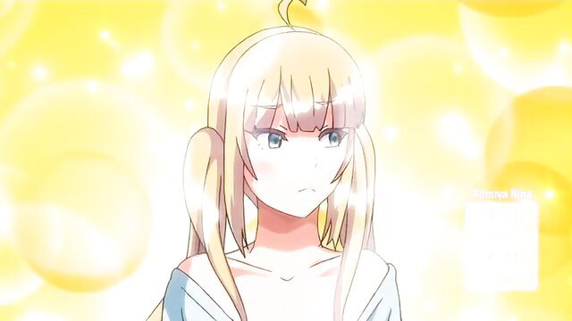 Busty blonde anime hentai girl with twintails in yellow glow, softcore tease