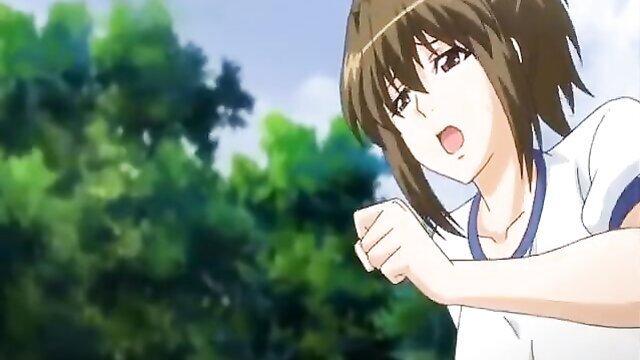 Anime hentai girl in school uniform smiling outdoors threesome tease