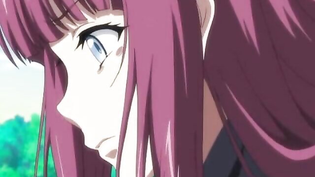 Purple-haired busty hentai coed with blue eyes closeup