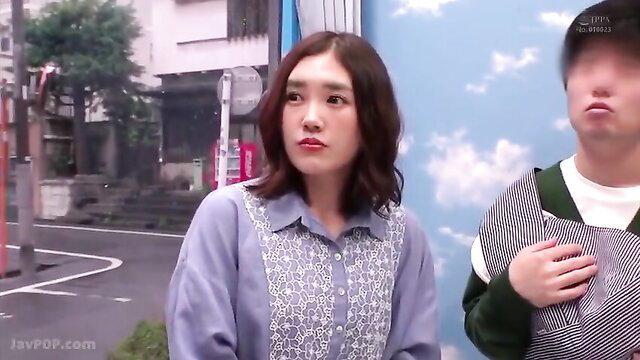 Asian mom in blue blouse with man, JAV BDSM tease thumbnail