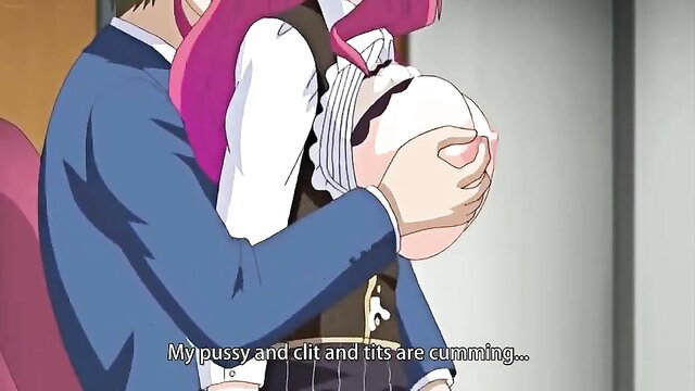 Busty pink-haired hentai vixen groped by suited guy, pussy and tits cumming
