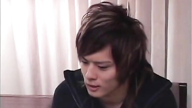 Hot Asian twink boyfriend with messy hair in hoodie blows pal in gay teaser