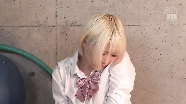 Alice Otsu in school uniform, blonde bob, blushing face closeup JAV thumbnail