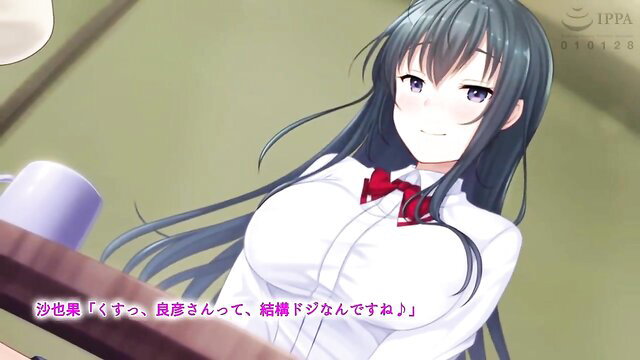 Gray-haired JAV schoolgirl in tight shirt smiles with tea cup, big tits