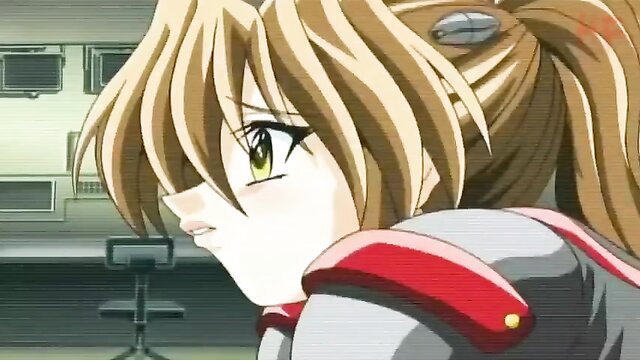 Blonde ponytail hentai girl in tight uniform, intense green eyes side profile