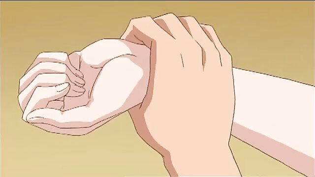 Anime handjob closeup with busty girl's hand on boy's wrist