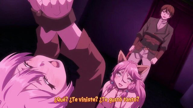 Pink-haired anime catgirl yandere guy grabs tits in hentai scene