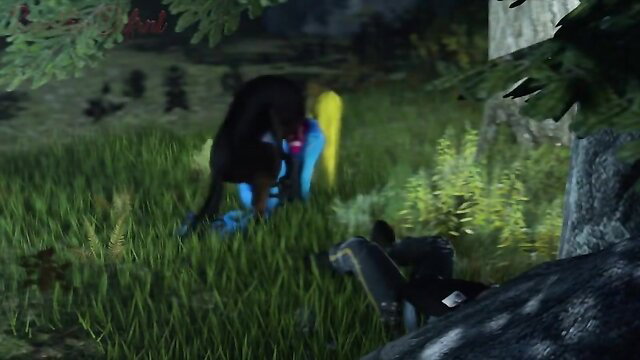 3D hentai girl fucked hard by black monster dog in forest