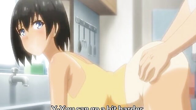 Anime hentai girl bent over sink, hand groping her big ass in panties