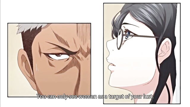 Intense anime man leers at seductive glasses girl in hentai closeup