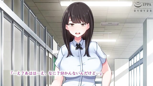 Japanese schoolgirl in tight blouse, big tits spilling out in hallway