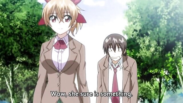 Blonde anime girl in tight school uniform with guy outdoors, hentai tease