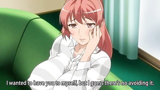 Redhead hentai girl in unbuttoned shirt, huge tits spilling out, seductive pose