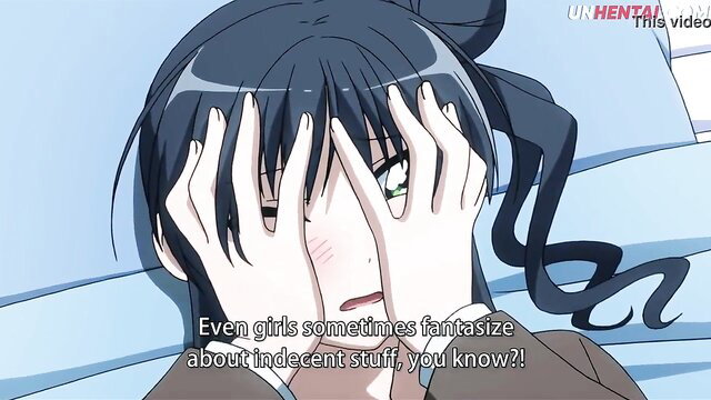 Tsundere hentai girl with hands on face, embarrassed expression