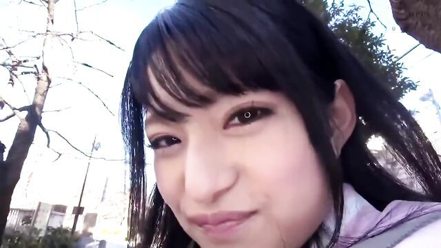 Runaway Japanese beauty with bangs smiles cutely in JAV thumbnail