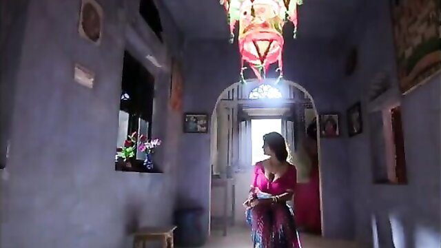 Indian beauty in sexy pink saree walks seductively in dim hallway