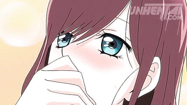 Anime girl with blue eyes and pink hair blushes shyly close-up