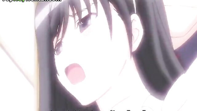 Cute black-haired hentai teen maid with open mouth in ecstasy