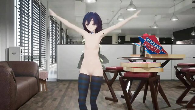 Nude blue-haired hentai girl with small tits dances in socks MMD style