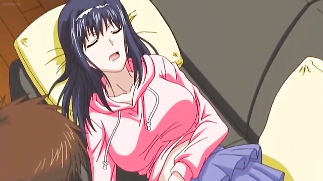Black-haired hentai girl in pink hoodie asleep on couch, big tits exposed