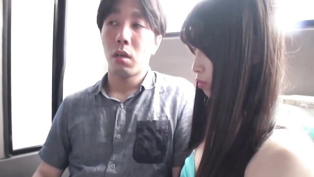 Asian girl in green top pushes cock into wet pussy on bus