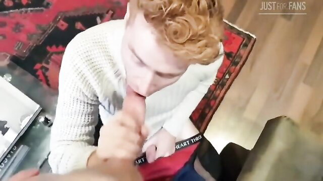 Redhead ginger twink sucks cock in hot gay breeding POV closeup