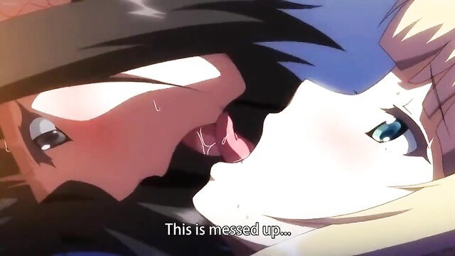 Blonde hentai girl licks anime boy's face in steamy messy kiss