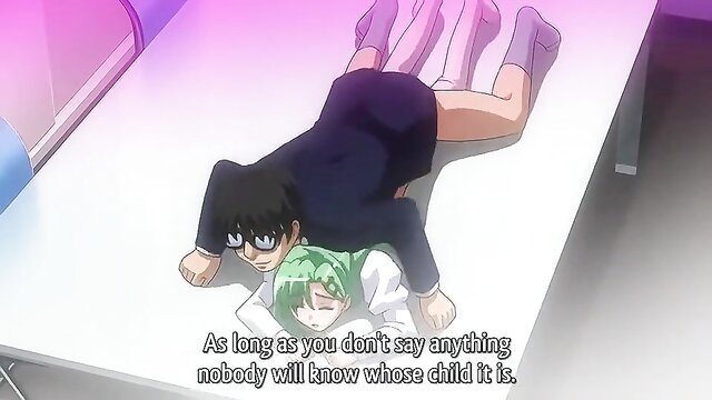 Hentai anime girl in skirt pinned down by glasses boy on table, lewd pose