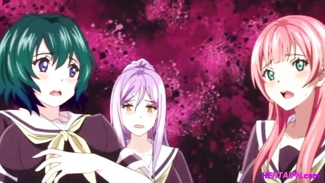 Three cute anime schoolgirls in uniforms from hentai classroom orgy