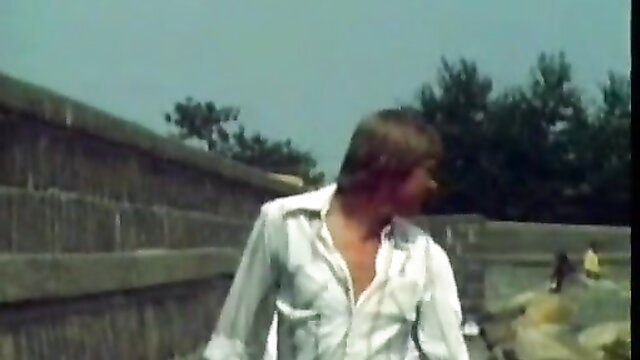Vintage 70s man in open white shirt walking on wall, Danish schoolgirls #6