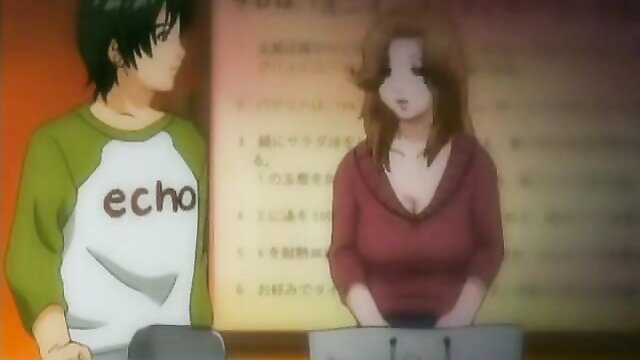 Anime hentai couple in classroom, green-haired guy with busty teacher