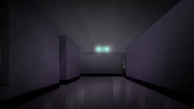 Dark empty hallway with glowing green EXIT sign in Kansen 2 hentai game