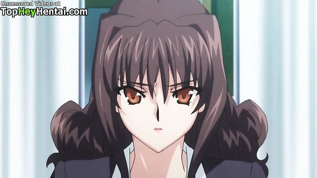Big tits hentai teacher with red eyes and brown hair closeup