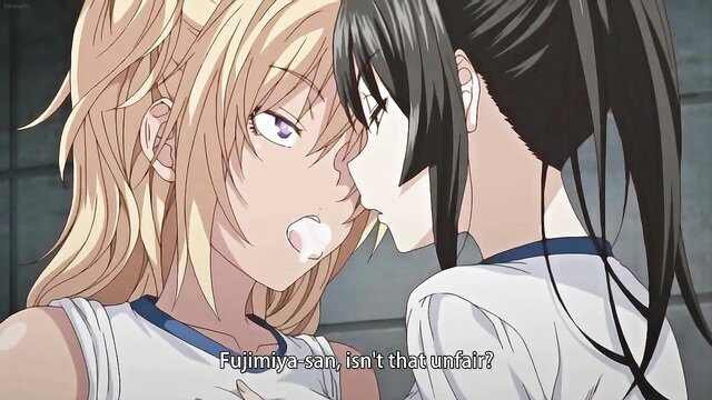 Blonde and black-haired anime girls in hentai school uniforms, close kiss tease