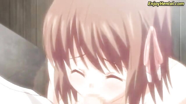 Cute brown-haired hentai schoolgirl smiling closeup in steamy fuck scene