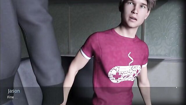 Cute twink Jason in tight pink gamer tee looks surprised by huge cock