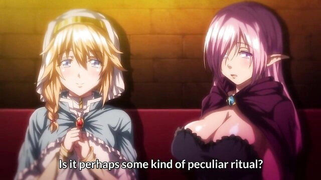 Blonde maid and elf girl in revealing outfits from Isekai hentai, peculiar ritual scene