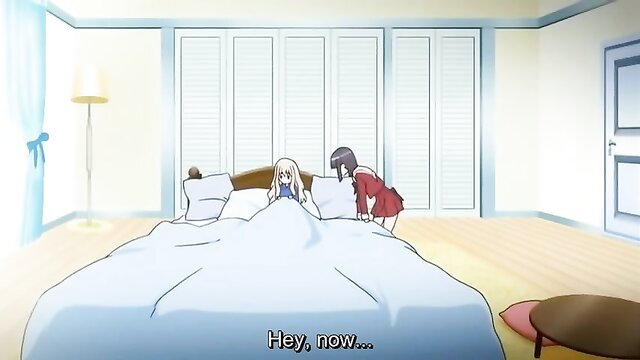 Anime cuties in bed lesbian play, uncensored hentai threesome