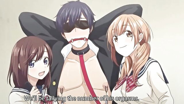 Anime hentai threesome with collared sub guy, two cute girls betting on his orgasms