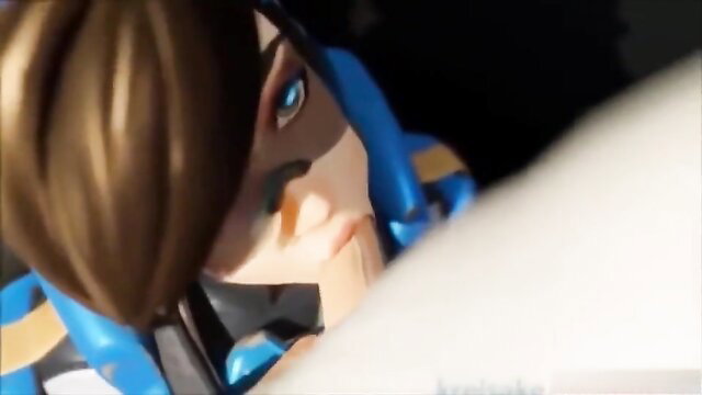 Blonde hentai girl with blue eyes in tight blue mask and outfit closeup