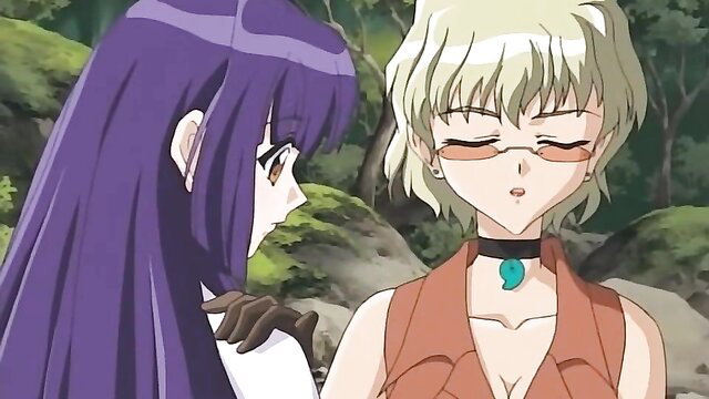 Purple-haired anime babe in gloves chats with blonde glasses girl in cleavage dress, hentai tease