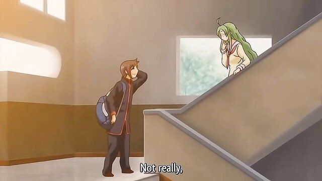 Anime hentai girl in school uniform on stairs with boy, passionate scene