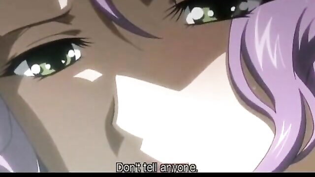 Purple-haired anime girl with green eyes whispers 'Don't tell anyone'