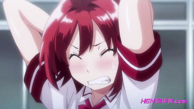 Redhead anime girl in school uniform stretches arms, ecstatic hentai face