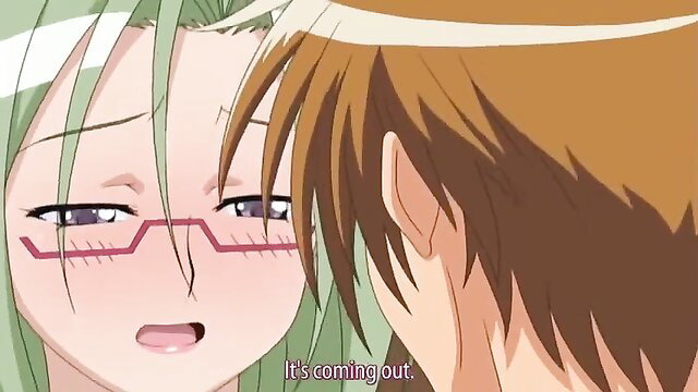 Glasses green-haired anime girl flushed face closeup in Free Vampire hentai