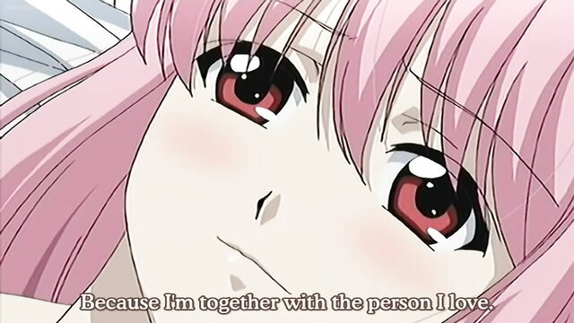 Pink-haired anime hentai girl with red eyes smiling close-up