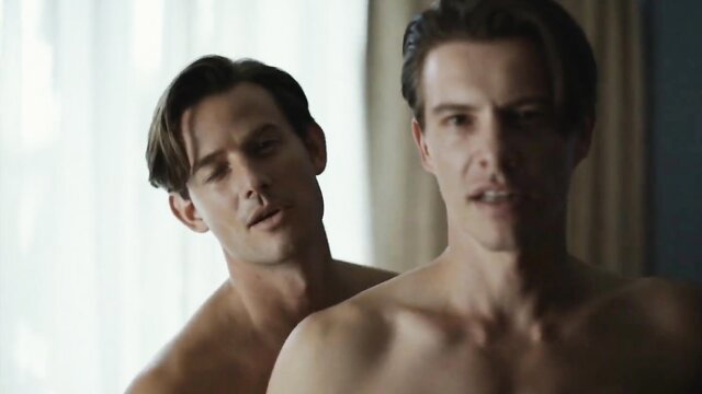 Two hot shirtless men nude in Blonde 2022 sex scene