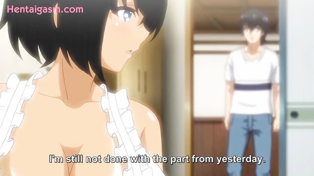Black-haired hentai girl in frilly lingerie teases guy from doorway